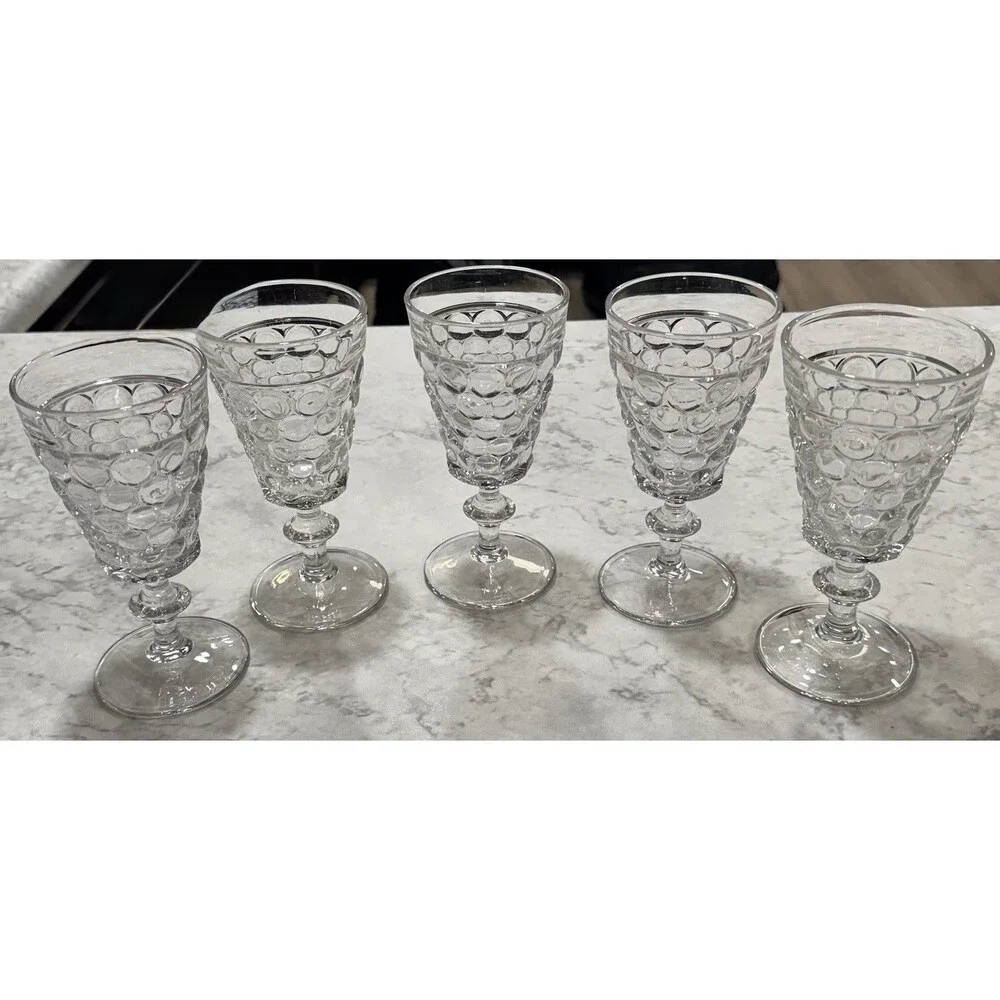 5 Vintage Westmoreland Thousand Eye Clear Glass Water Goblets Wine Stems